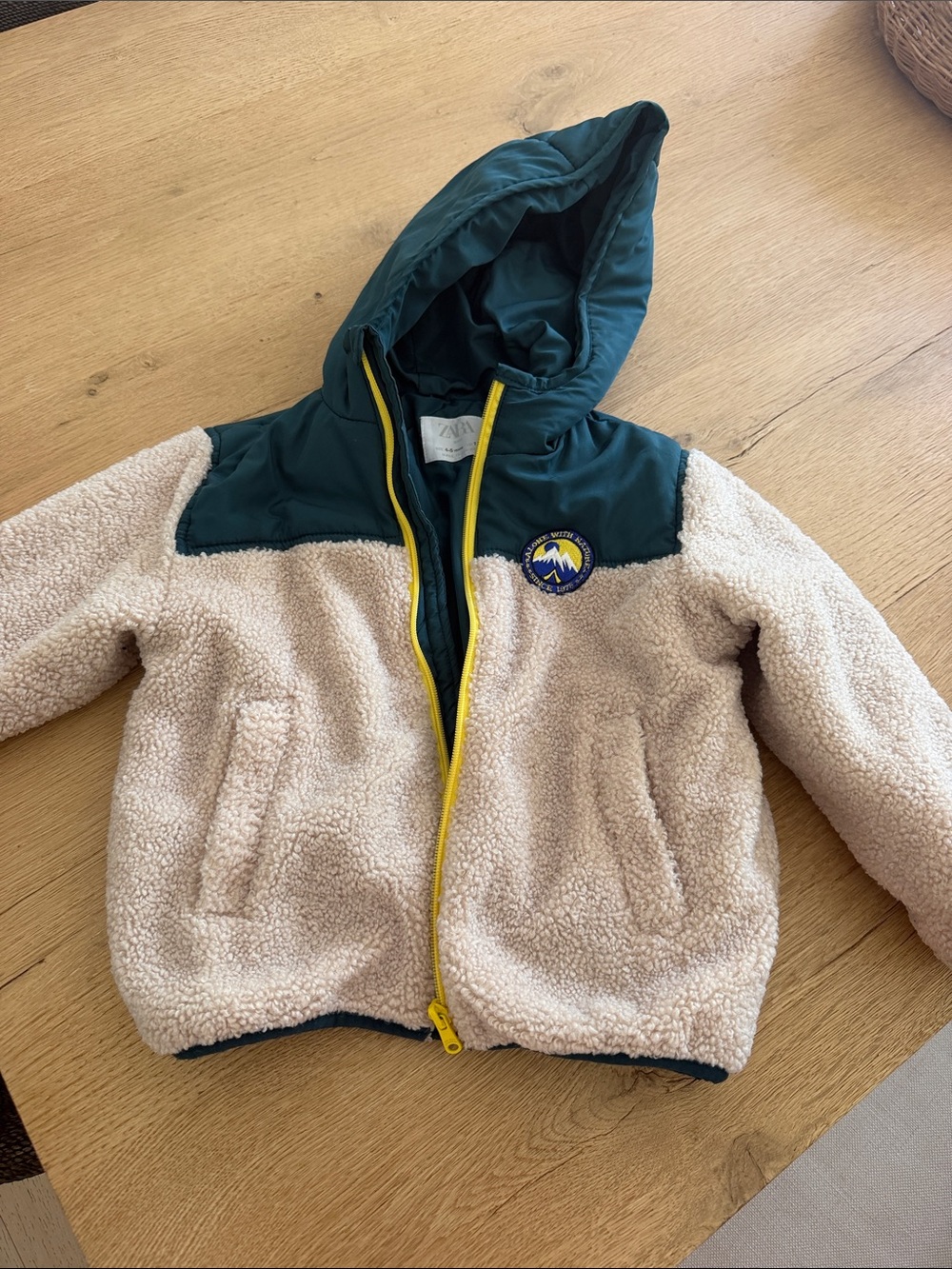 Zara Cream Sherpa Jacket with Dark Green Hood and Yellow Trim